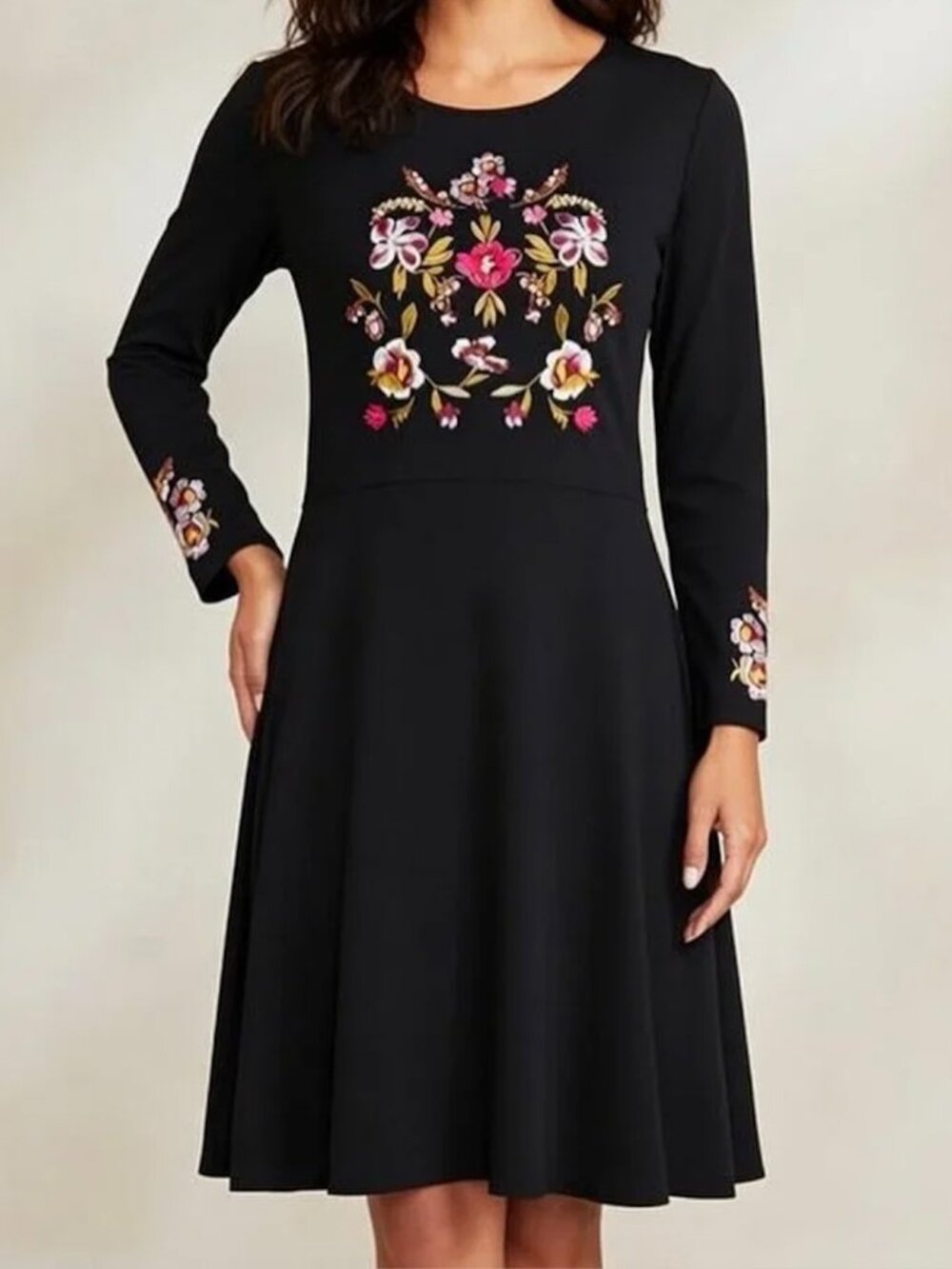 LOFT PETITES Black Multi Floral Embroidery Fit and Flare Midi Dress Women's 8P